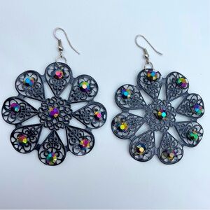 Black Filigree Rainbow Rhinestone Drop Earrings Boho Mandala Statement